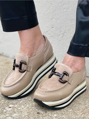 Softwaves Beige Platform Loafers with Metal Bit